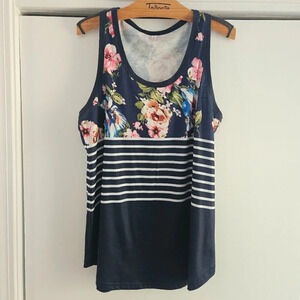 Sleeveless Stripe Floral Scoopneck Large Tank Top